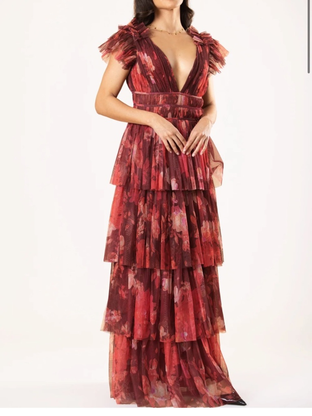 ASOS Lace & Beads Ruffle Shoulder Tiered Maxi Dress in Deep Rose US 8 - Picture 2 of 15